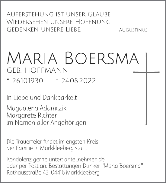 Traueranzeige von Maria Boersma 
