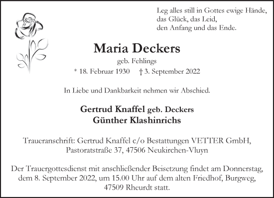 Traueranzeige von Maria Deckers 