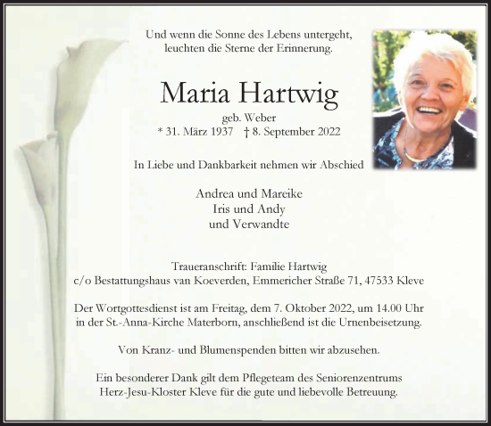 Traueranzeige von Maria Hartwig 