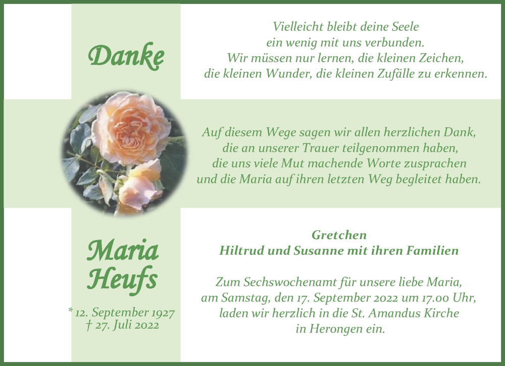  Traueranzeige für Maria Heufs vom 10.09.2022 aus 