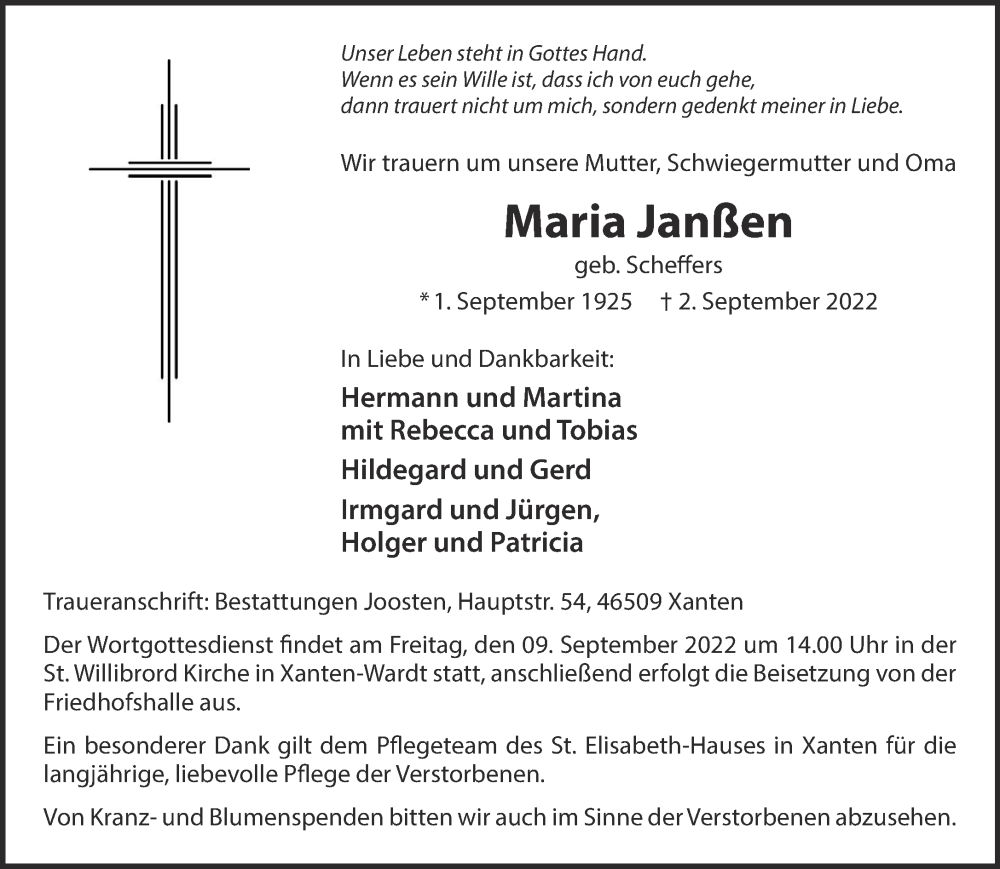  Traueranzeige für Maria Janßen vom 07.09.2022 aus 