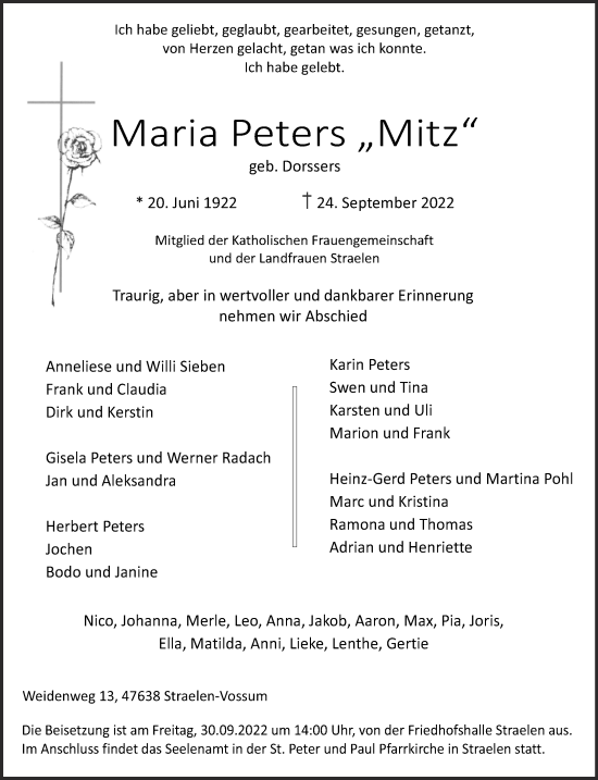 Traueranzeige von Maria Peters 