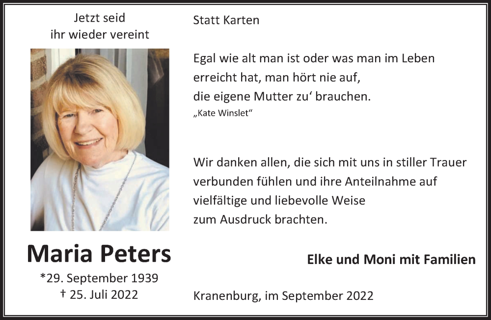 Traueranzeige für Maria Peters vom 24.09.2022 aus 
