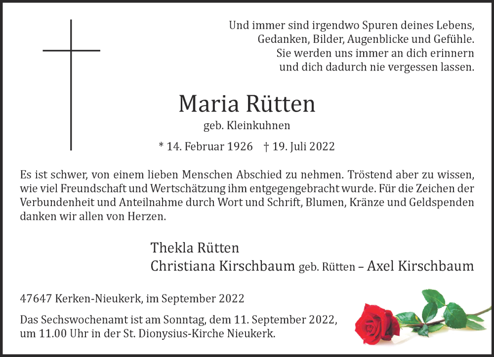  Traueranzeige für Maria Rütten vom 03.09.2022 aus 