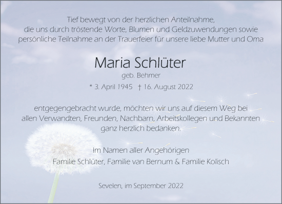 Traueranzeige von Maria Schlüter 