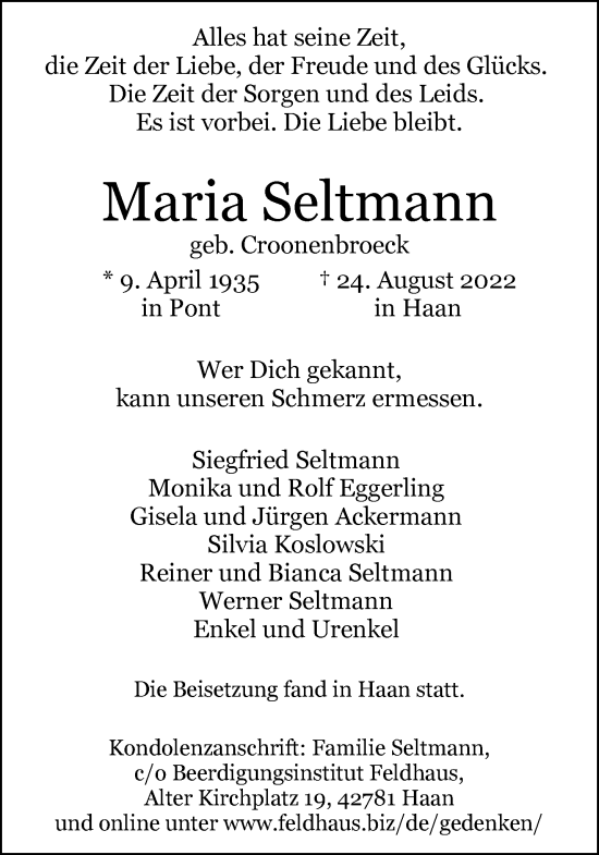 Traueranzeige von Maria Seltmann 