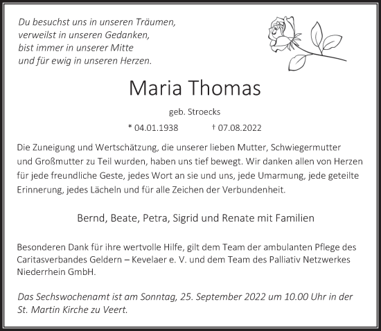 Traueranzeige von Maria Thomas 