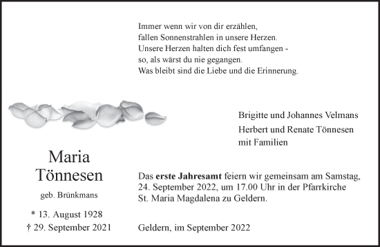 Traueranzeige von Maria Tönnesen 