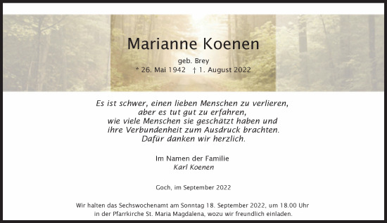 Traueranzeige von Marianne Koenen 