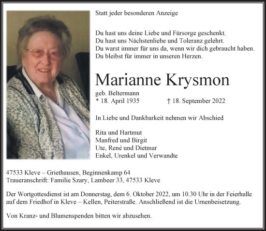 Traueranzeige von Marianne Krysmon 