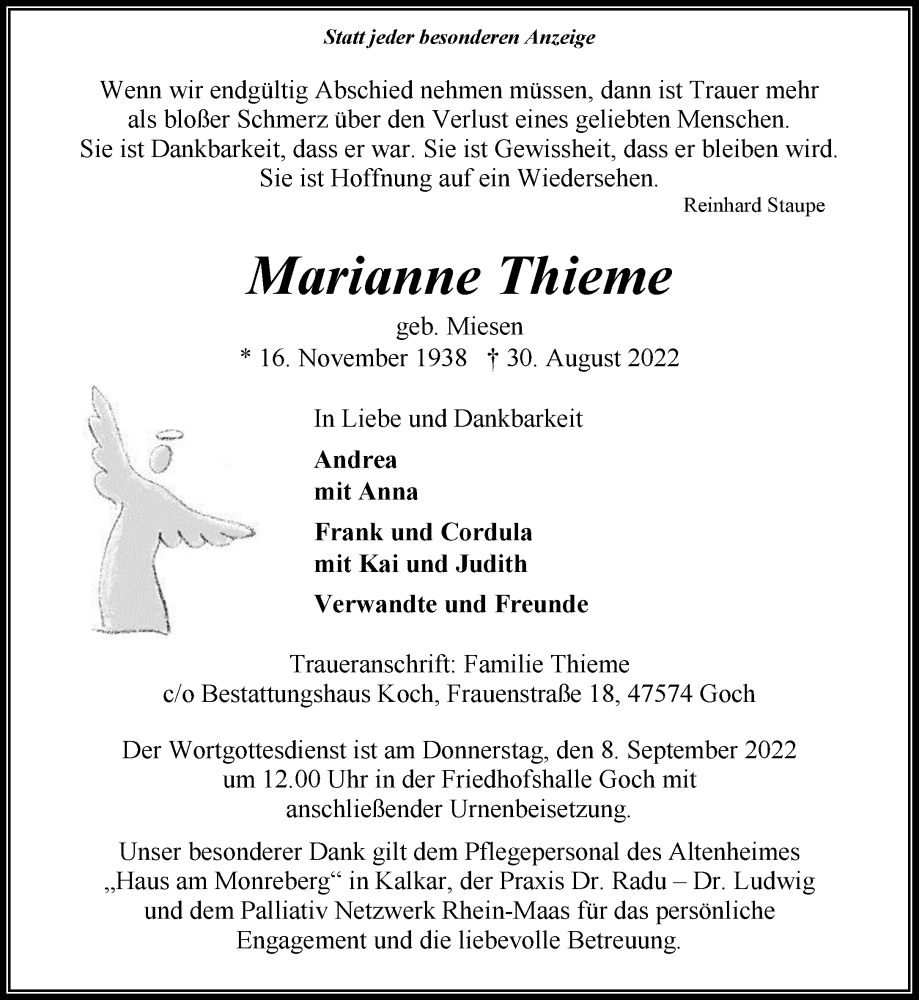 Traueranzeige für Marianne Thieme vom 03.09.2022 aus 