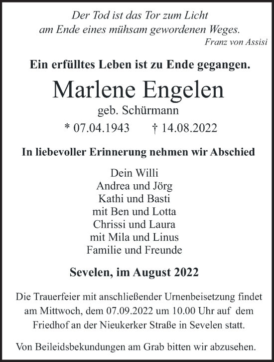 Traueranzeige von Marlene Engelen 