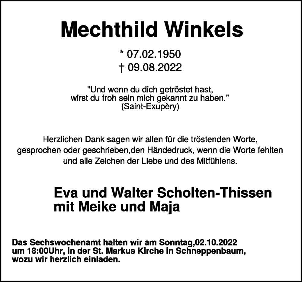  Traueranzeige für Mechthild Winkels vom 24.09.2022 aus 