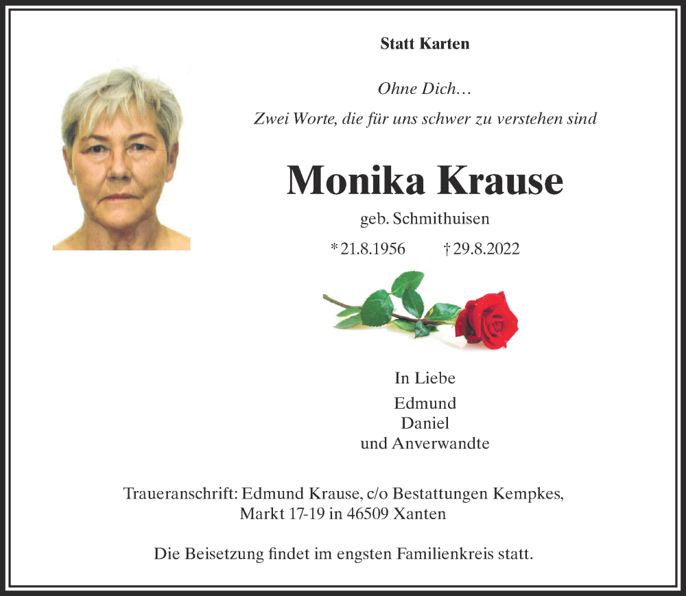  Traueranzeige für Monika Krause vom 03.09.2022 aus 