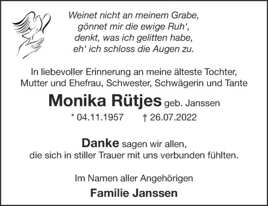 Traueranzeige von Monika Rütjes 