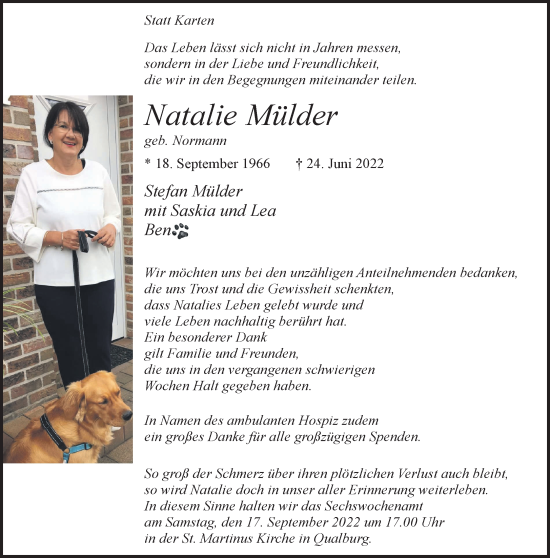 Traueranzeige von Natalie Mülder 