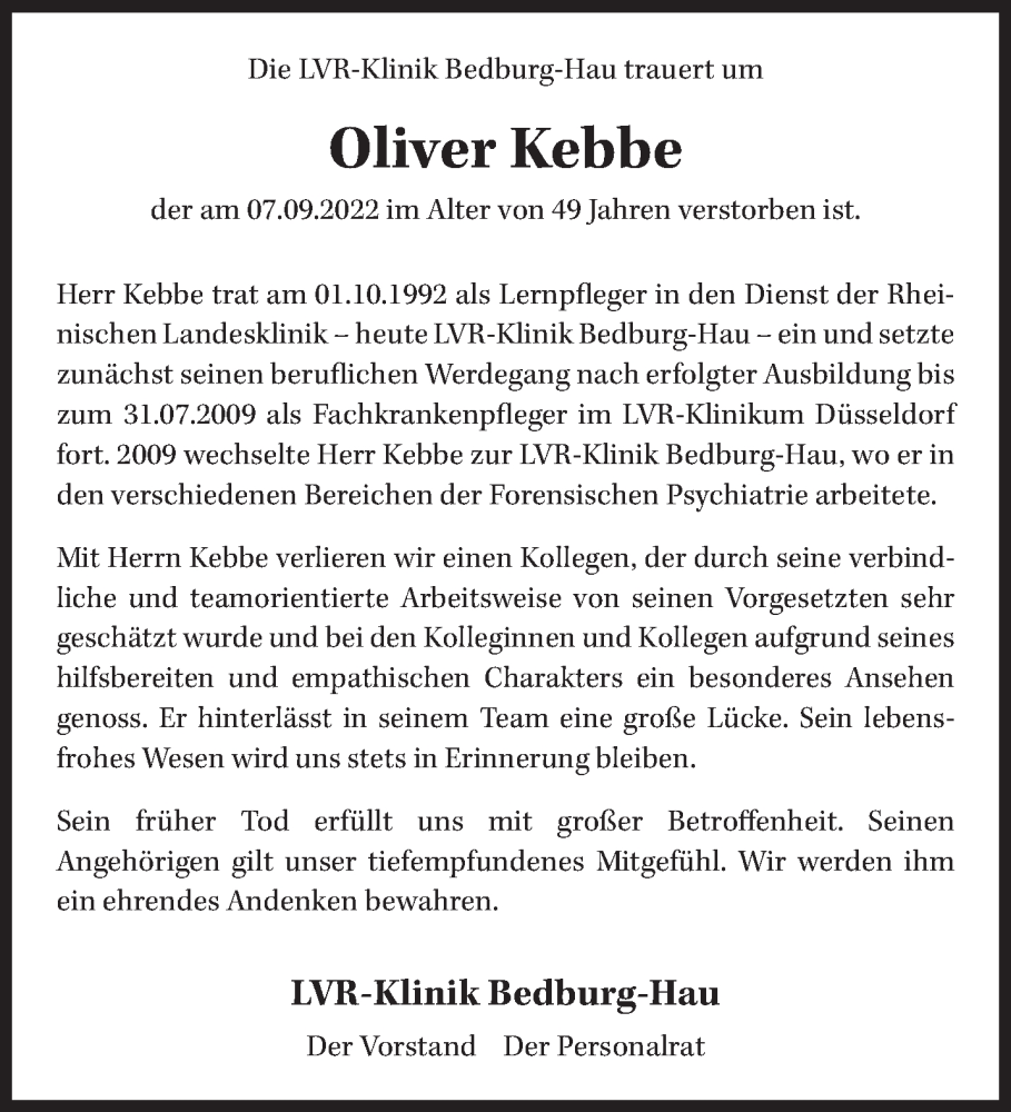  Traueranzeige für Oliver Kebbe vom 28.09.2022 aus 