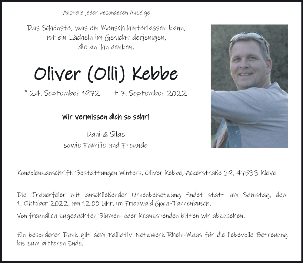  Traueranzeige für Oliver Kebbe vom 24.09.2022 aus 