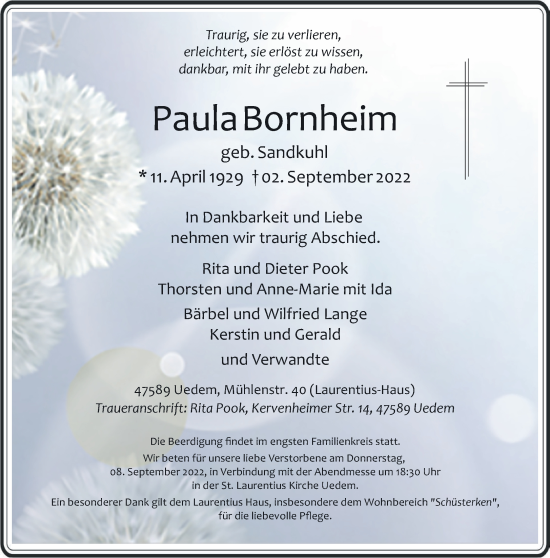Traueranzeige von Paula Bornheim 