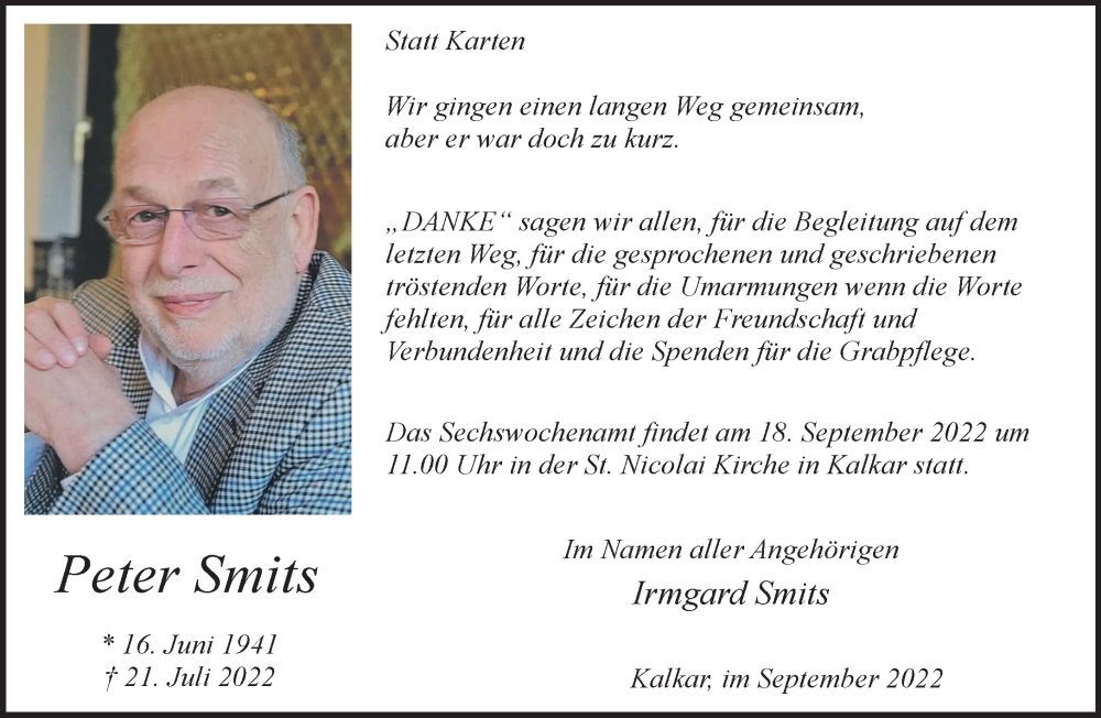  Traueranzeige für Peter Smits vom 14.09.2022 aus 