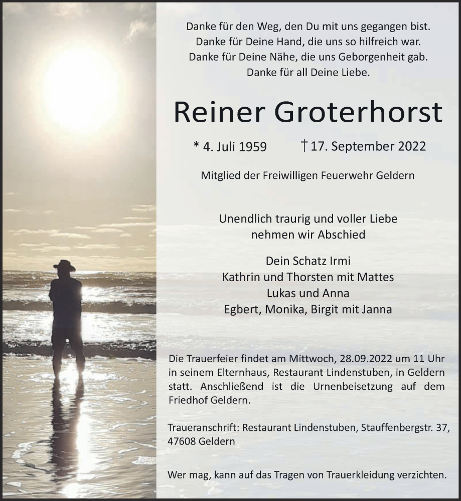  Traueranzeige für Reiner Groterhorst vom 24.09.2022 aus 