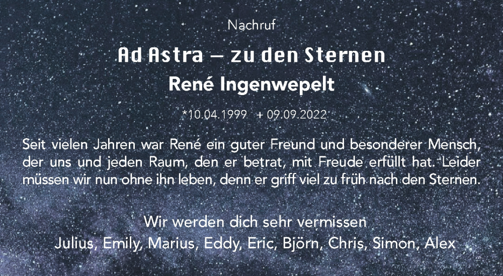  Traueranzeige für René Ingenwepelt vom 24.09.2022 aus 
