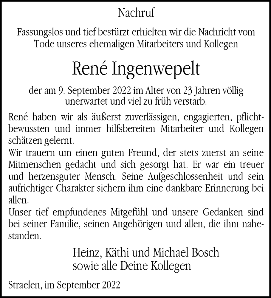  Traueranzeige für René Ingenwepelt vom 24.09.2022 aus 