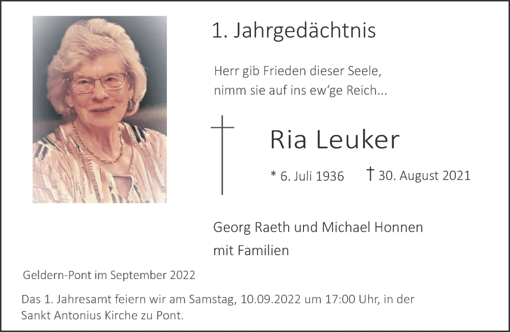  Traueranzeige für Ria Leuker vom 03.09.2022 aus 