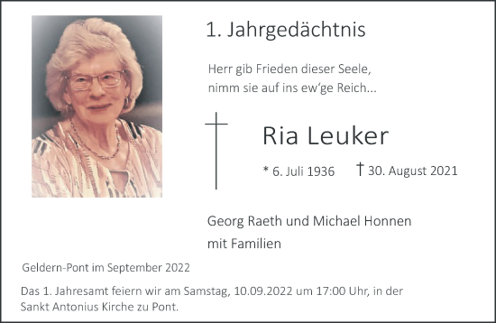 Traueranzeige von Ria Leuker 