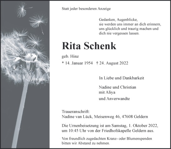 Traueranzeige von Rita Schenk 