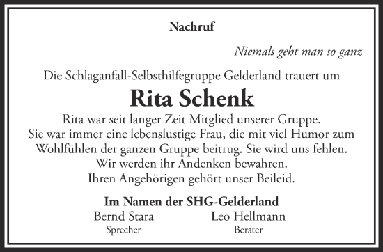 Traueranzeige von Rita Schenk 