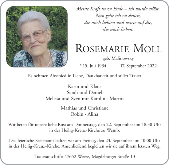 Traueranzeige von Rosemarie Moll 