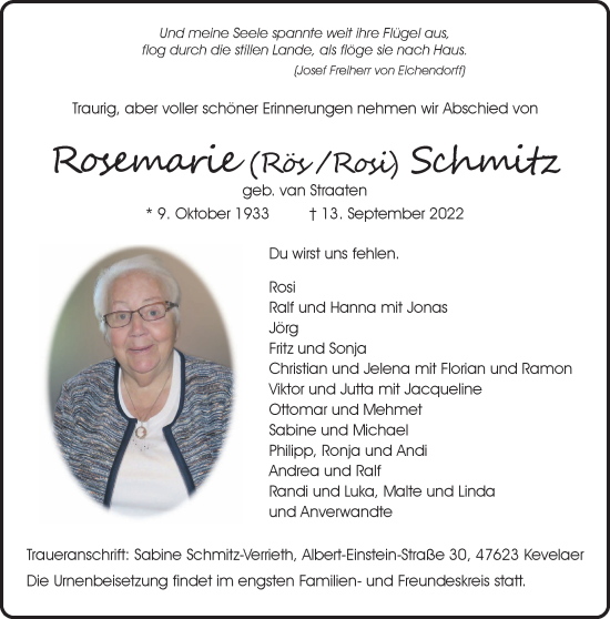 Traueranzeige von Rosemarie Schmitz 