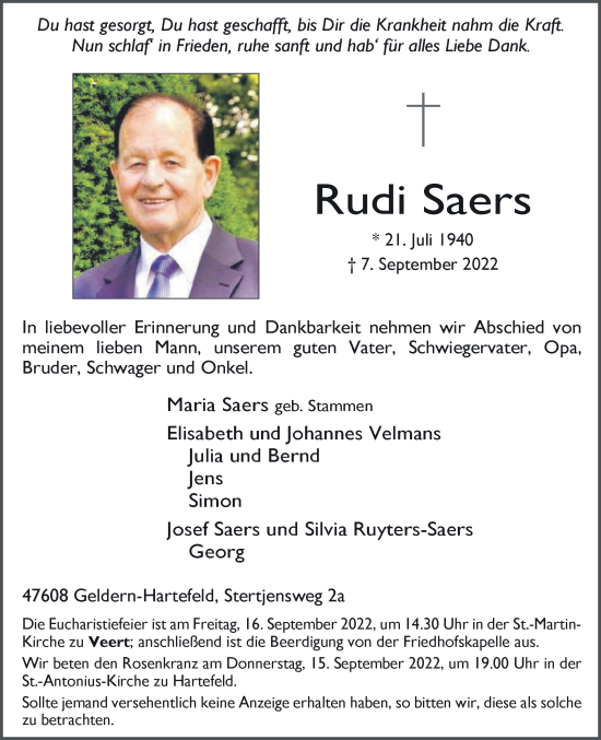 Traueranzeige von Rudi Saers 