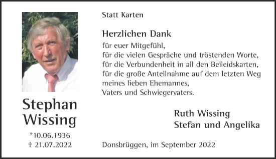 Traueranzeige von Stephan Wissing 