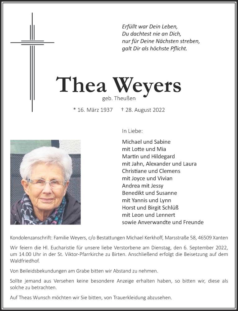  Traueranzeige für Thea Weyers vom 03.09.2022 aus 