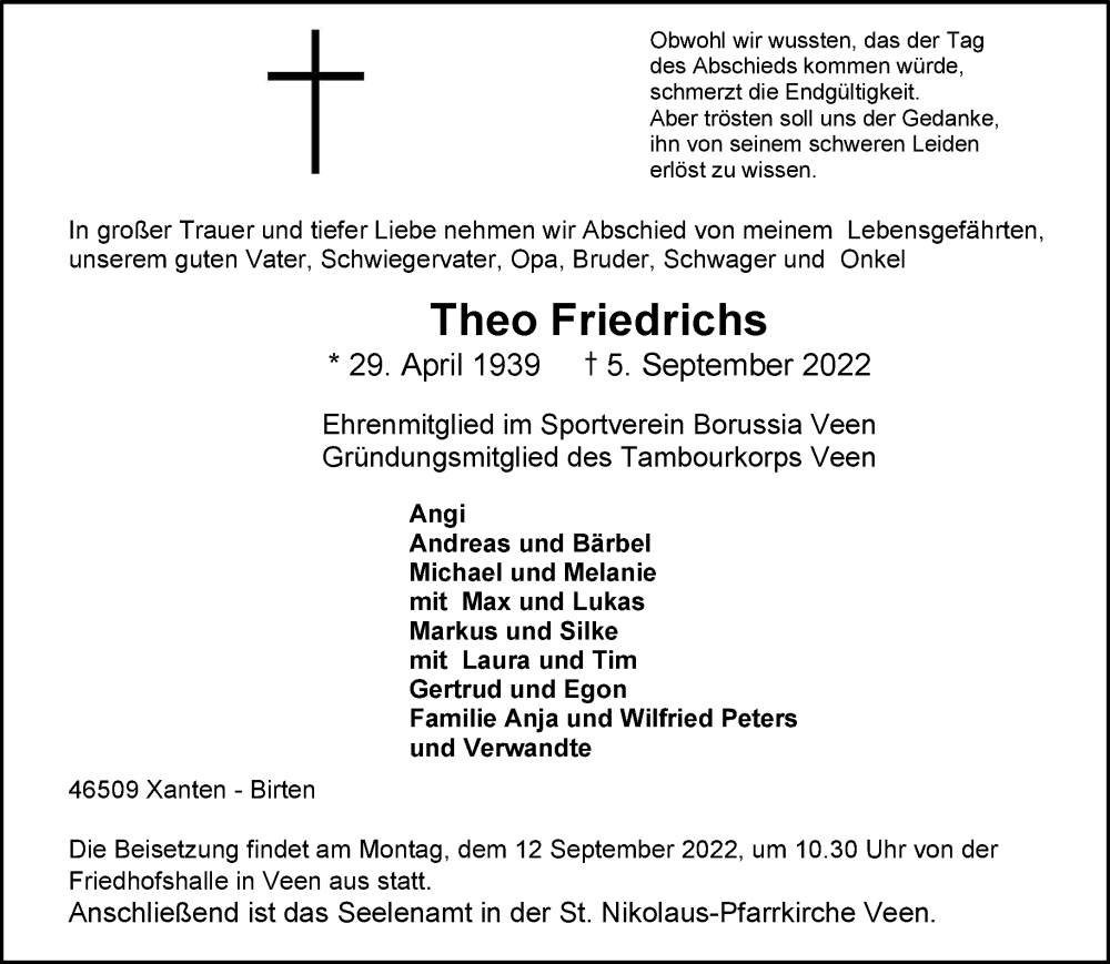 Traueranzeige für Theo Friedrichs vom 10.09.2022 aus 