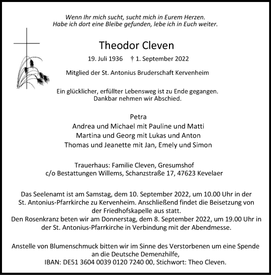 Traueranzeige von Theodor Cleven 