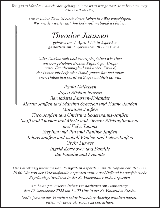 Traueranzeige von Theodor Janssen 