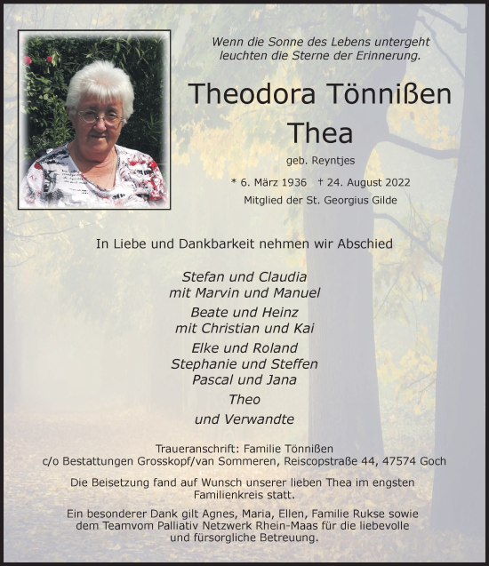 Traueranzeige von Theodora Tönnißen 
