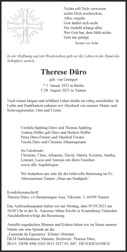  Traueranzeige für Therese Düro vom 03.09.2022 aus 