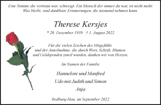 Traueranzeige von Therese Kersjes 