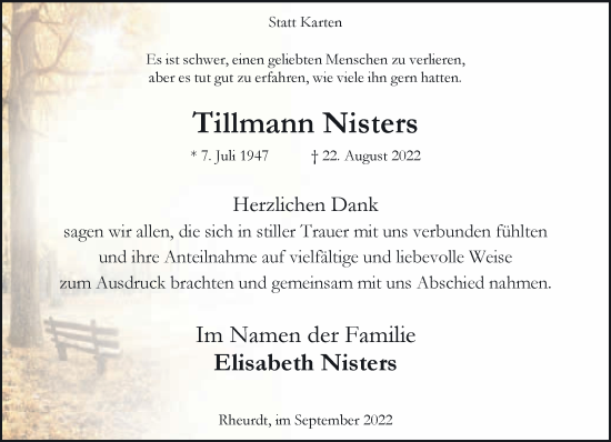 Traueranzeige von Tillmann Nisters 