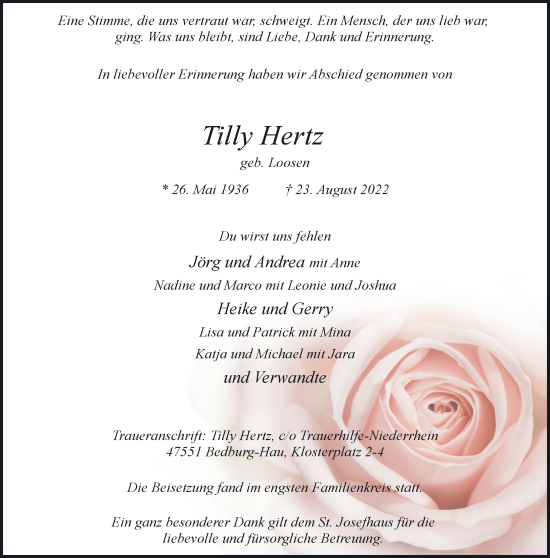 Traueranzeige von Tilly Hertz 