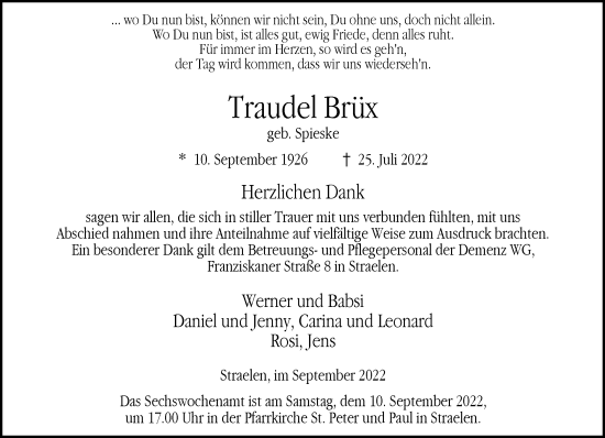 Traueranzeige von Traudel Brite 