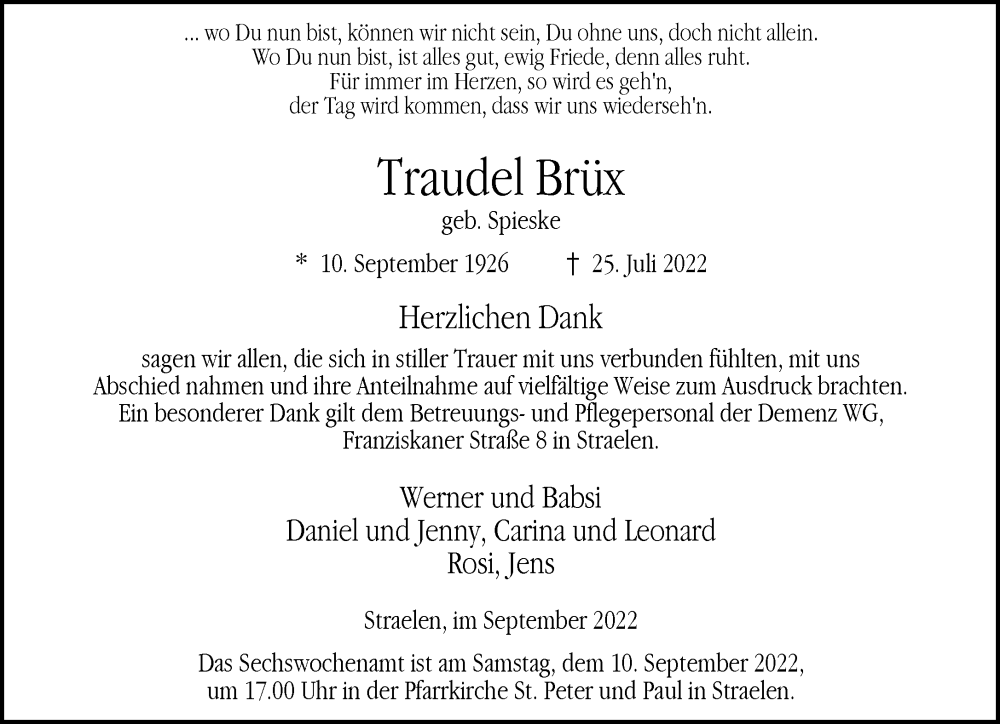  Traueranzeige für Traudel Brite vom 03.09.2022 aus 