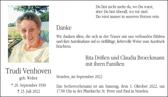 Traueranzeige von Trudi Venhoven 
