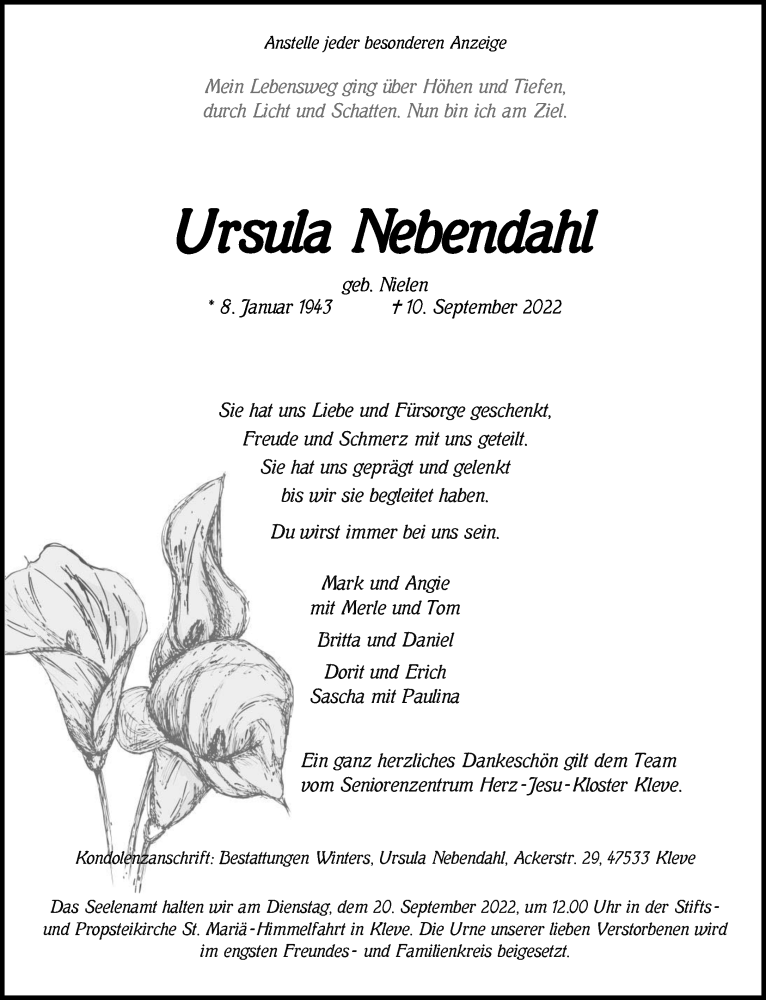  Traueranzeige für Ursula Nebendahl vom 17.09.2022 aus 