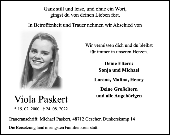 Traueranzeige von Viola Paskert 