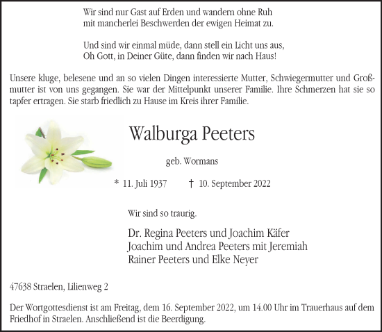 Traueranzeige von Walburga Peeters 